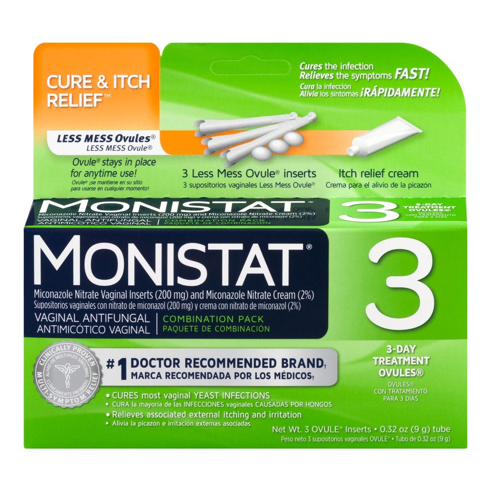 slide 2 of 5, Monistat 3 Day Yeast Infection Treatment, 3 Miconazole Ovule Inserts & External Anti-Itch Cream, 1 ct