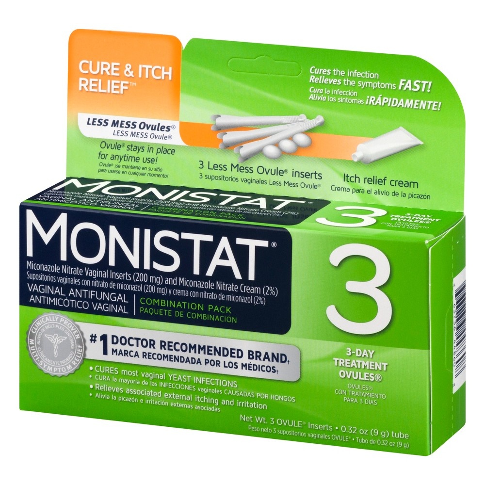 slide 3 of 5, Monistat 3 Day Yeast Infection Treatment, 3 Miconazole Ovule Inserts & External Anti-Itch Cream, 1 ct