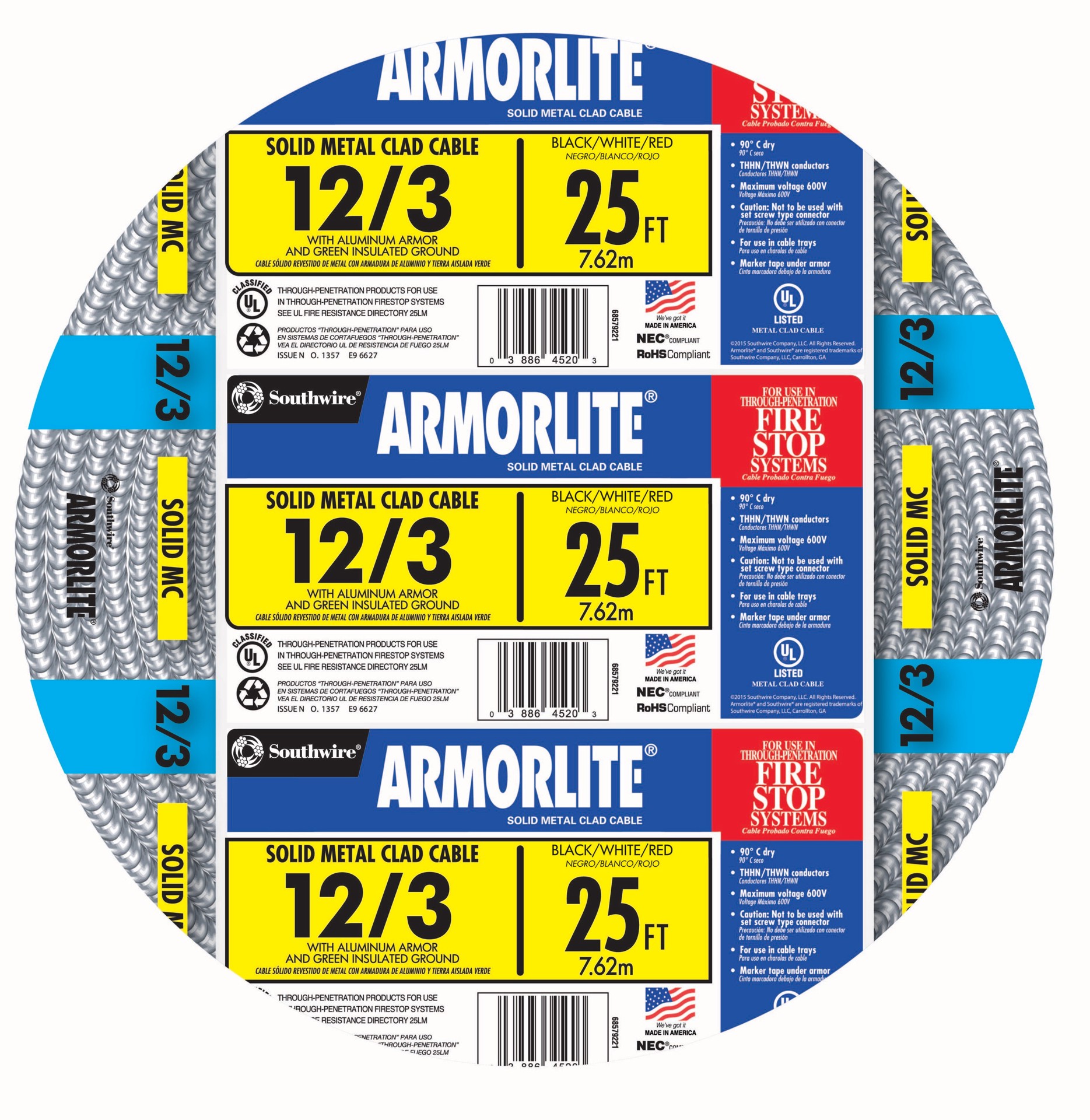 slide 1 of 2, Southwire Armorlite 25-ft 12 / 3 Solid Aluminum MC (Metal Clad) Cable, 1 ct