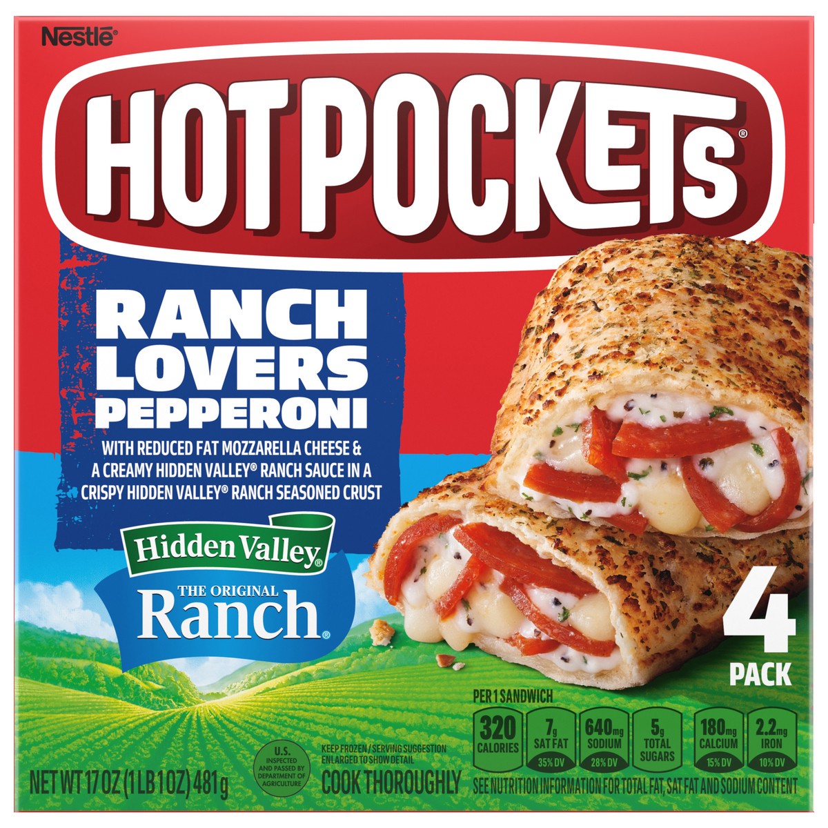 slide 1 of 7, Hot Pockets Ranch Lovers Pepperoni, Hidden Valley Ranch, Pizza Snack, Frozen Snacks 4-Pack, 4 ct