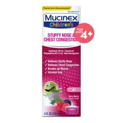 Mucinex Childrens Liquid Stuffy Nose & Chest Congestion Relieves Stuffy Nose Controls Cough Relives Chest Congestion Breaks up Mucus Very Berry - 4 oz