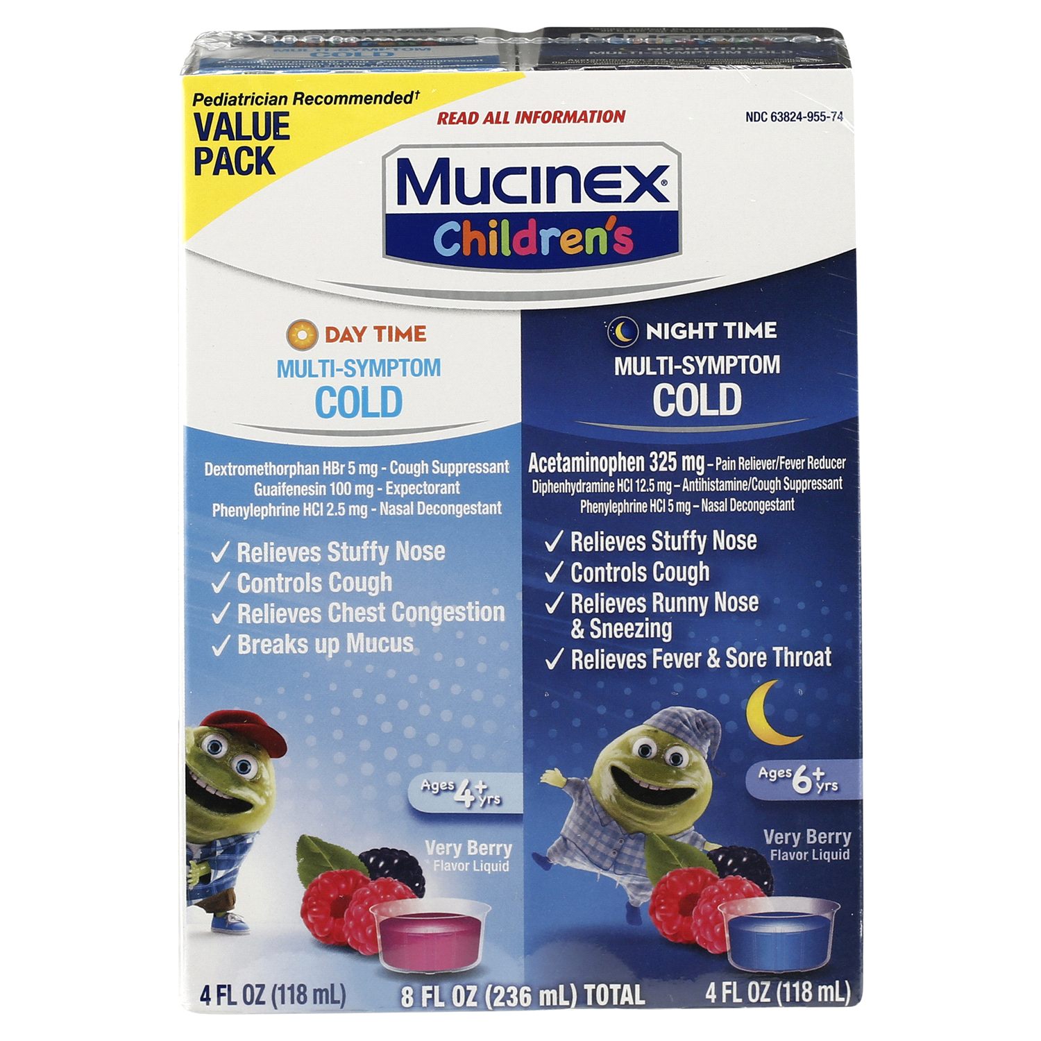 slide 1 of 4, MUCINEX Children's Multi-Symptom Liquid - Day Night 6/(2x4) oz., 2 ct