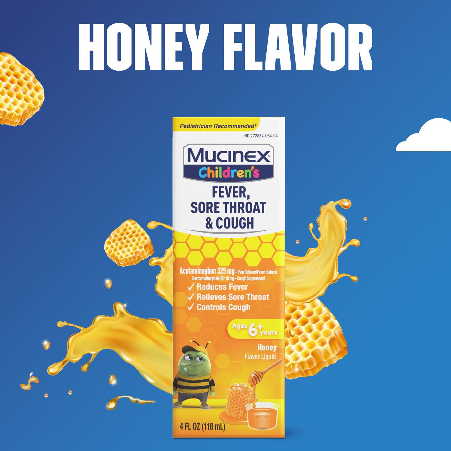 slide 7 of 8, Mucinex Children's Fever, Sore Throat & Cough Honey Liquid, 4 oz