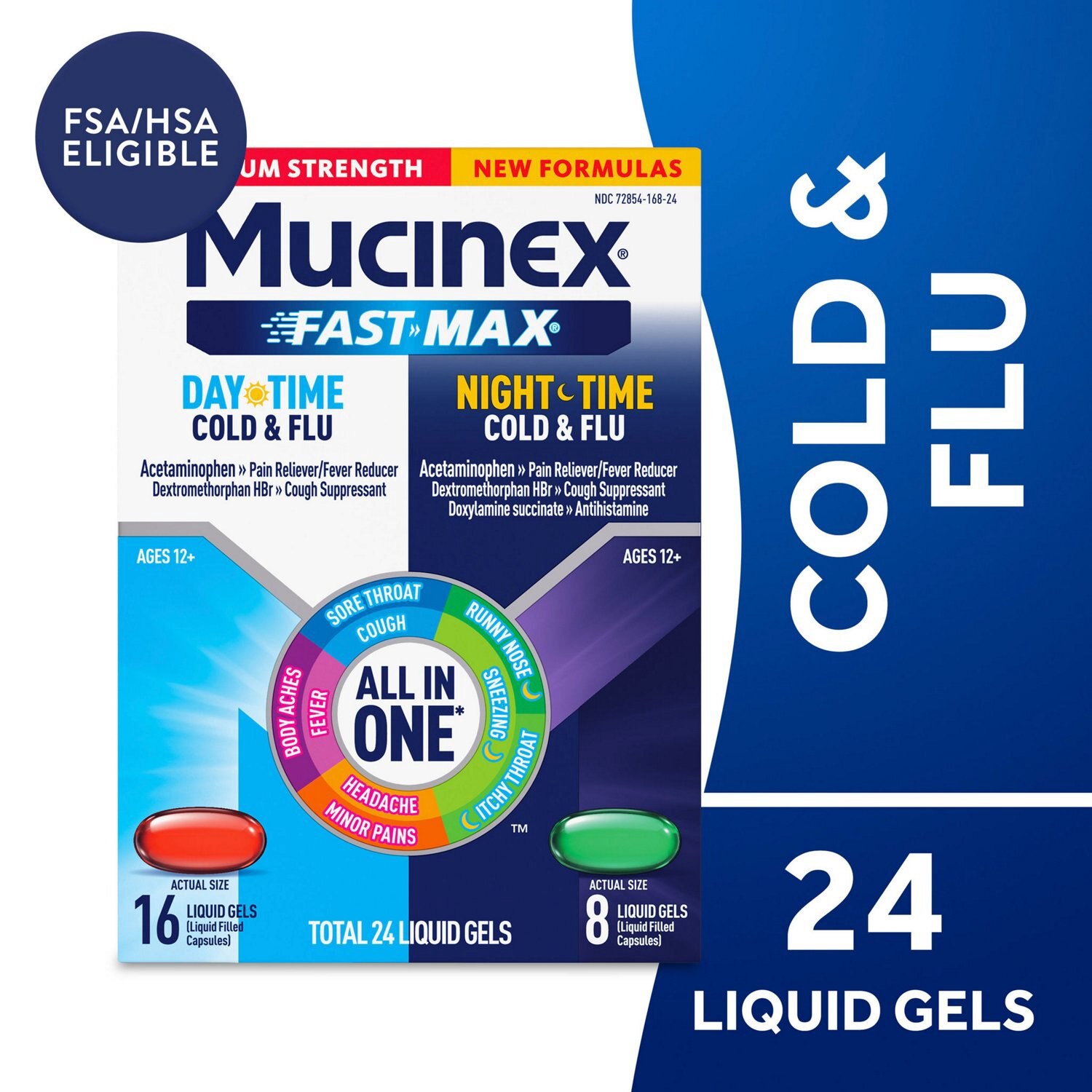 slide 4 of 12, Mucinex Fast Max Maximum Strength Day Time/Night Time Cold & Flu 24 Liquid Gels, 24 ct