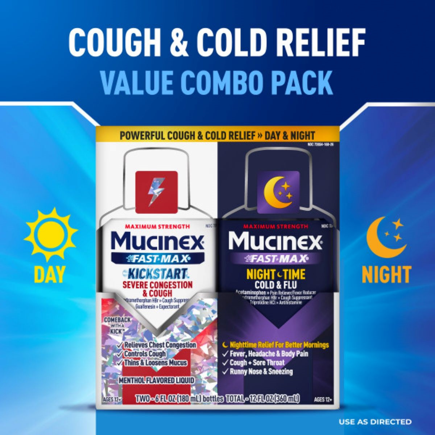 slide 3 of 5, MUCINEX Fast-Max Kickstart Severe Congestion & Cough and Nighttime Cold & Flu, 2 x 6 oz, 6 oz