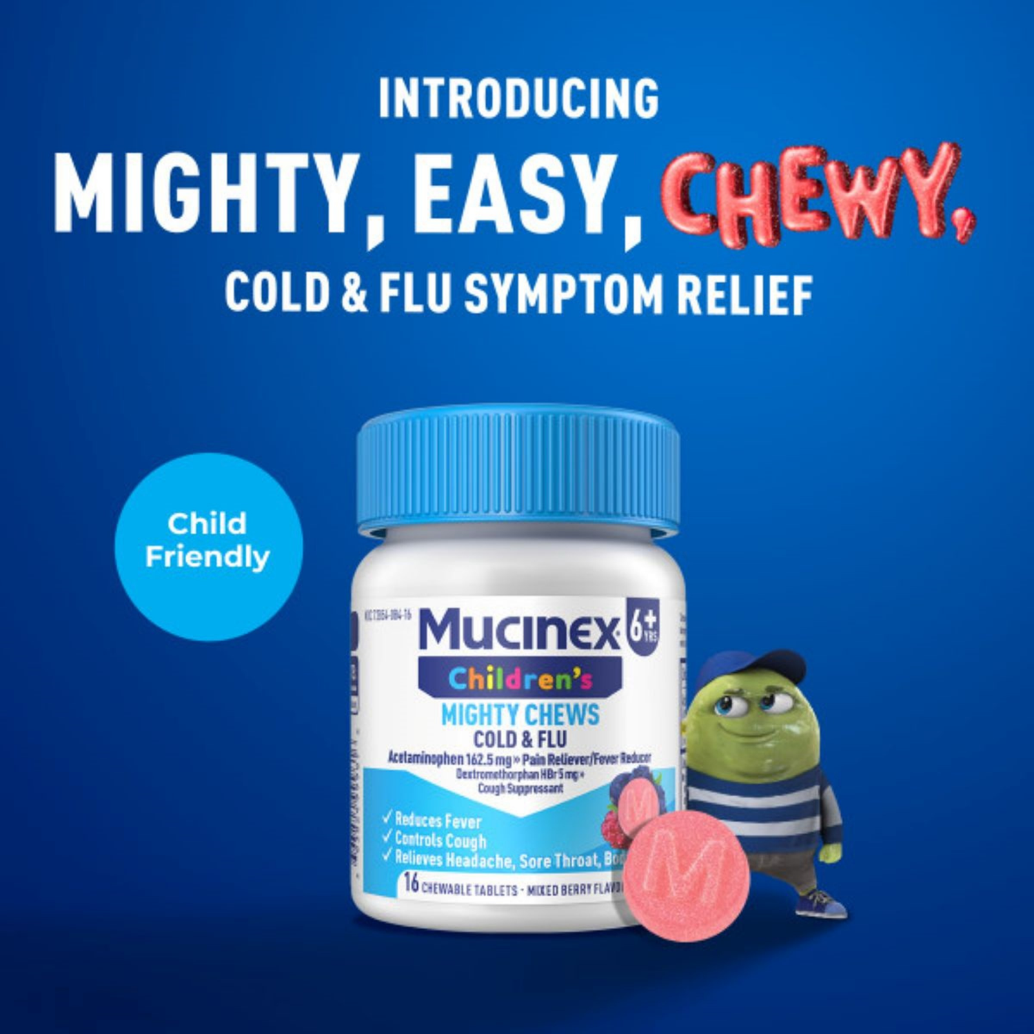 slide 4 of 6, Mucinex Children's Mighty Chews Mixed Berry Flavor 162.5 mg Cold & Flu 16 Chewable Tablets, 16 ct