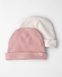Littleplanet Baby Girl 2-Pack Organic Cotton Rib Caps Winter Pink, Batter Cream 3-9M