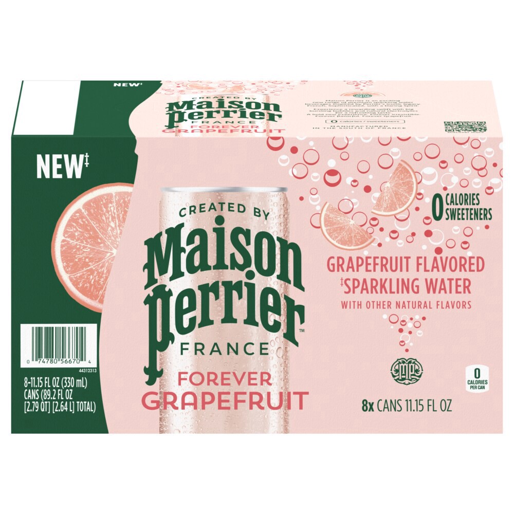 slide 1 of 3, Maison Perrier Forever Grapefruit Flavored Sparkling Water, 11.15 FL OZ Cans, 8 Count 330 ml, 8 ct