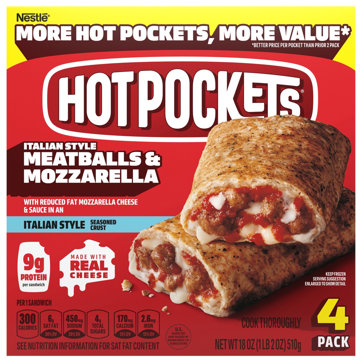 slide 1 of 7, Hot Pockets Meatballs and Mozzarella, Frozen Snacks, Air Fryer Snacks, 9g Protein, 4PK, 18 oz