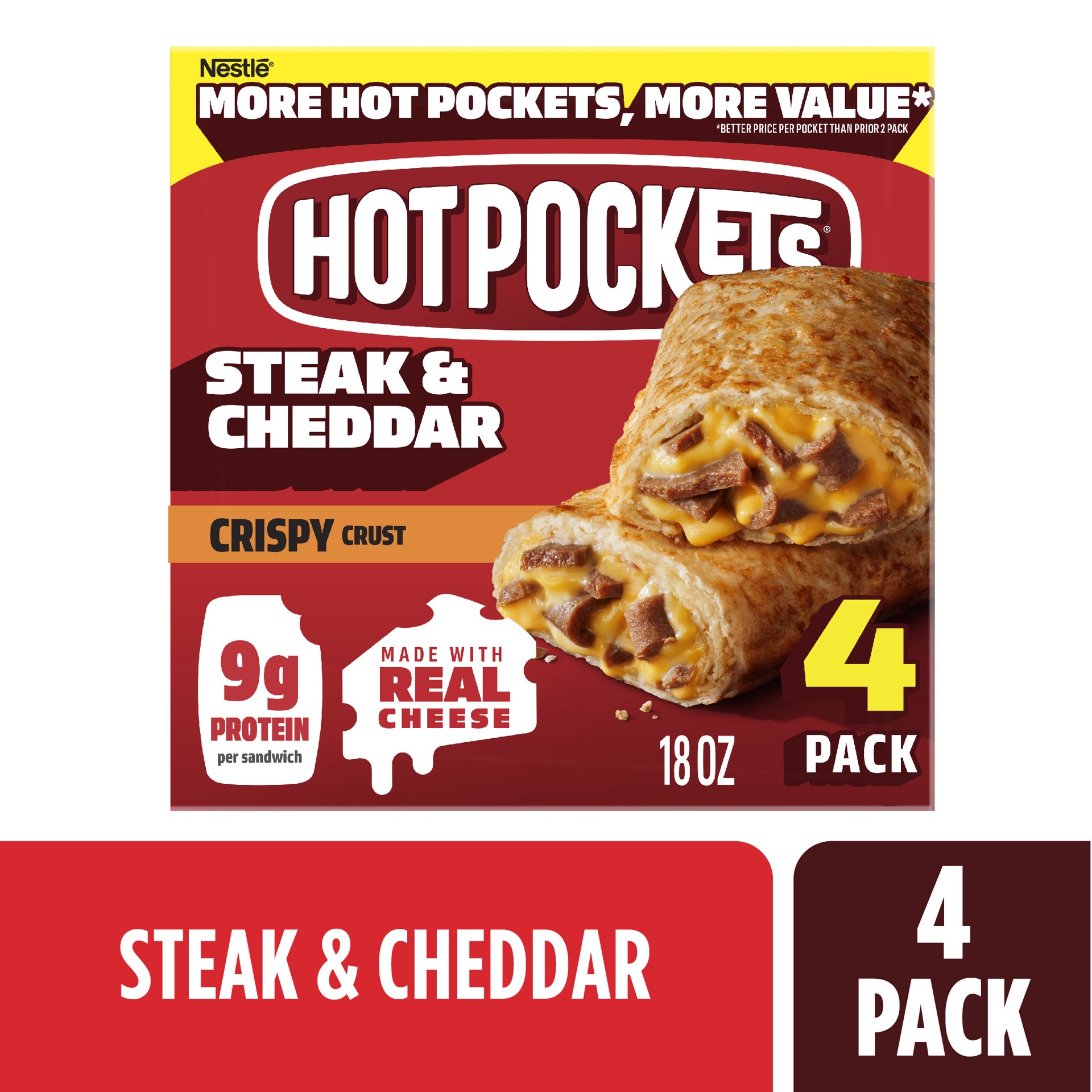 slide 1 of 7, Hot Pockets Steak and Cheddar Crispy Crust, Air Fryer Snacks, Frozen Sandwiches 4PK, 18 oz