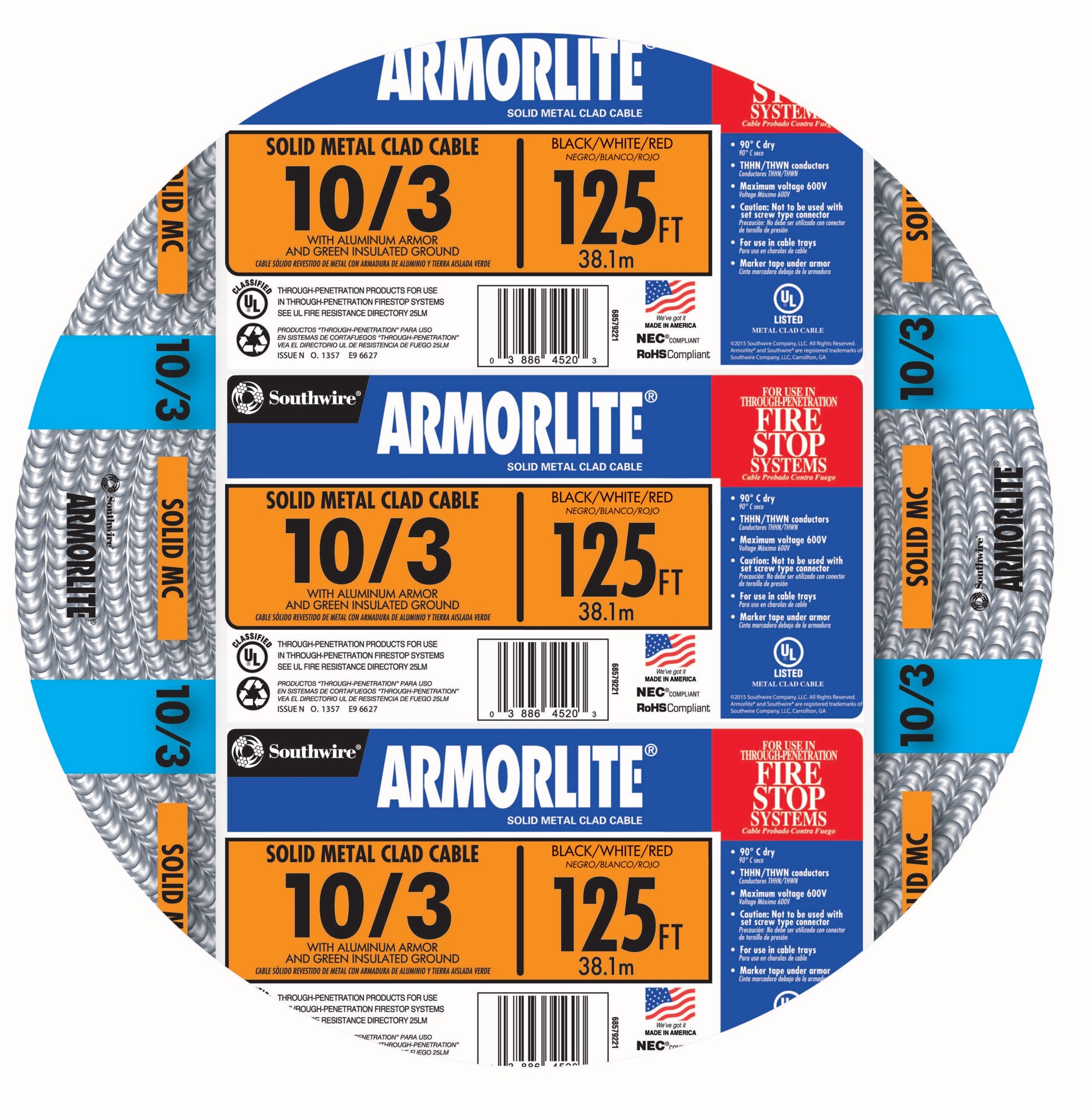 slide 1 of 2, Southwire Armorlite 125-ft 10 / 3 Solid Aluminum MC (Metal Clad) Cable, 1 ct