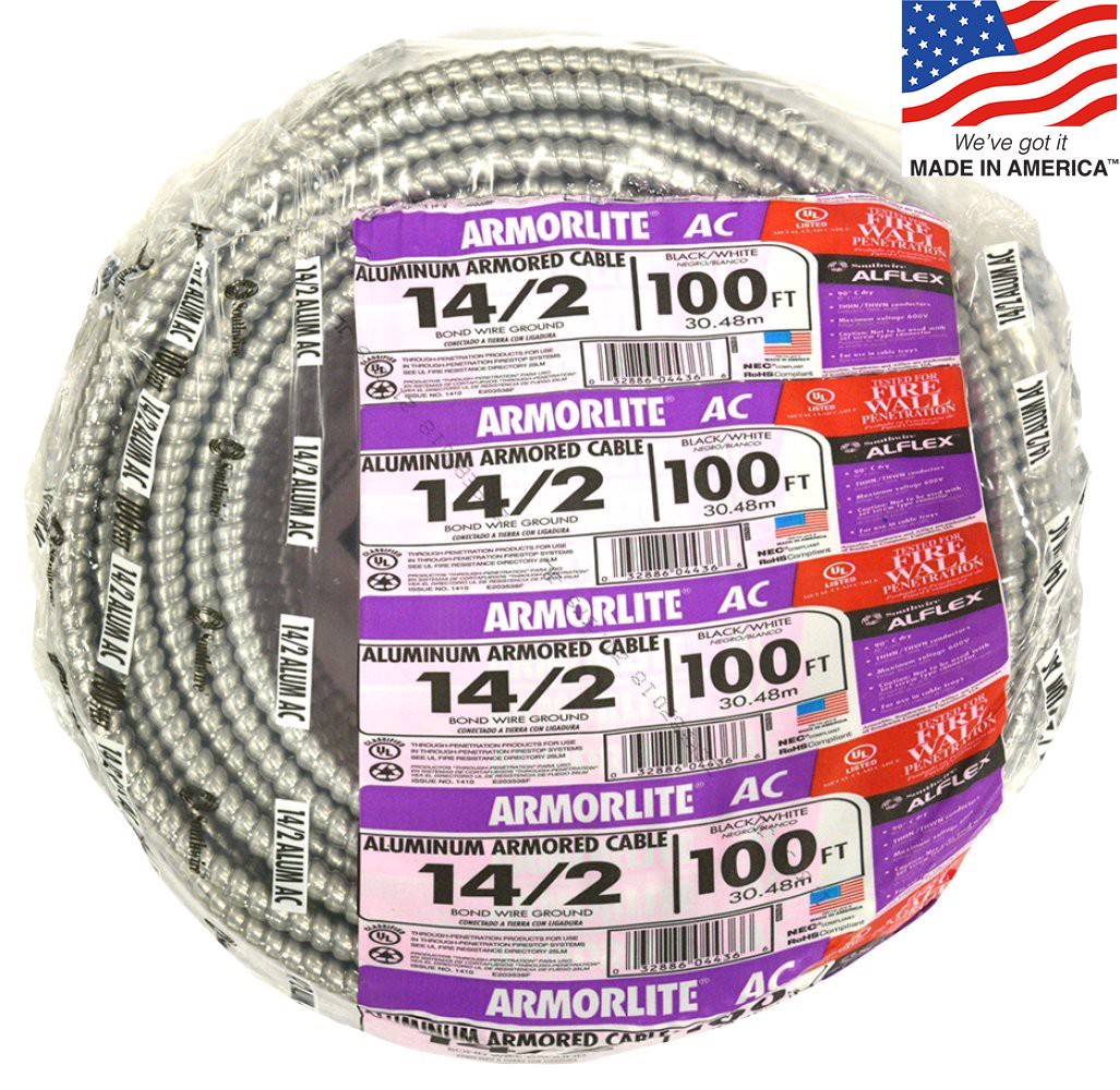 slide 1 of 3, Southwire Armorlite 100-ft 14 / 2 Solid Aluminum BX/AC Armored Cable, 1 ct