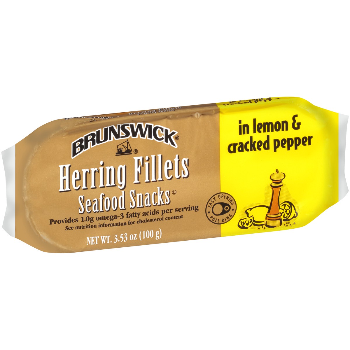 slide 2 of 11, Brunswick Lemon & Cracked Pepper Herring Fillets Seafood Snacks, 3.53 oz