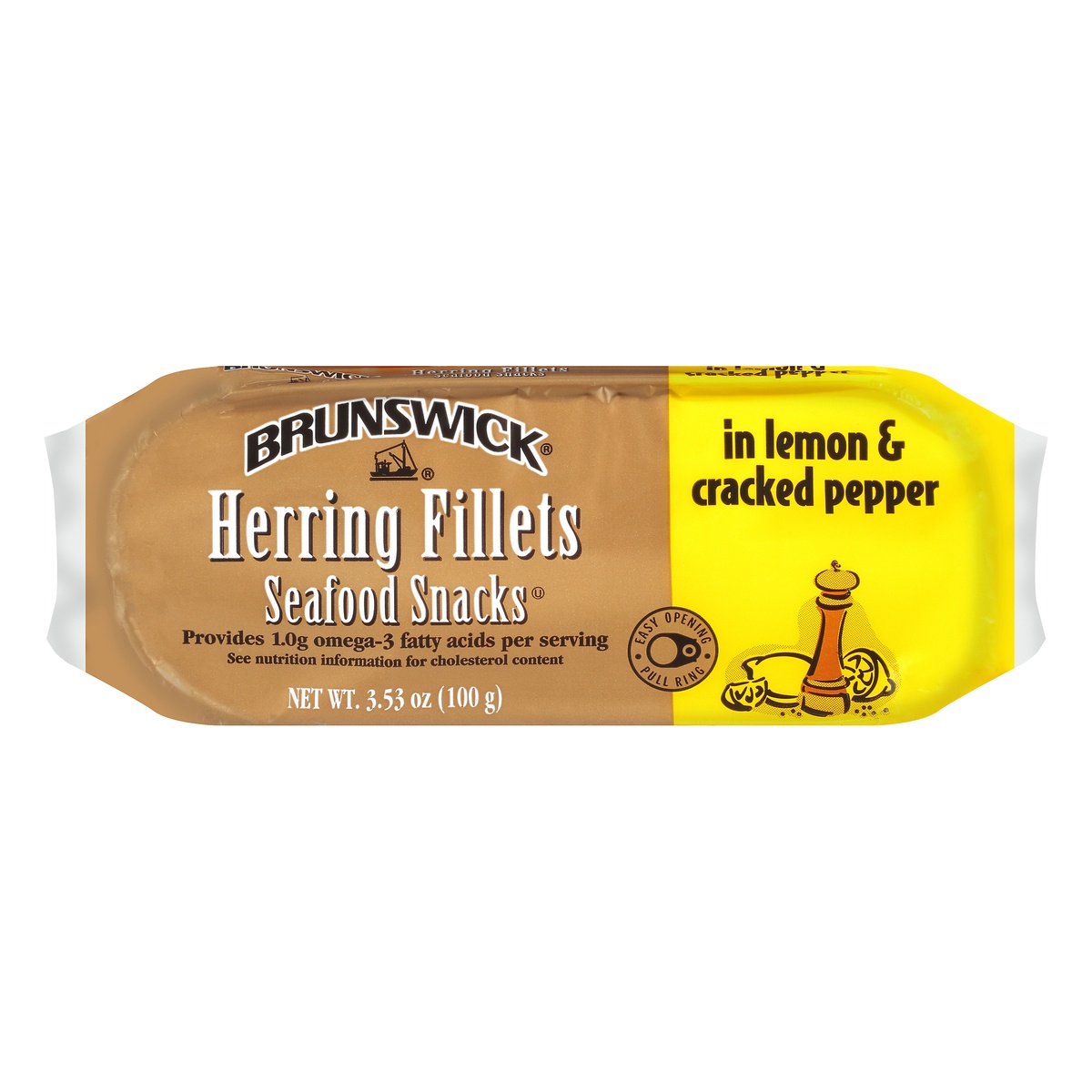 slide 1 of 1, Brunswick Boneless Herring Fillets Seafood Snacks In Lemon & Cracked Pepper, 3.53 oz