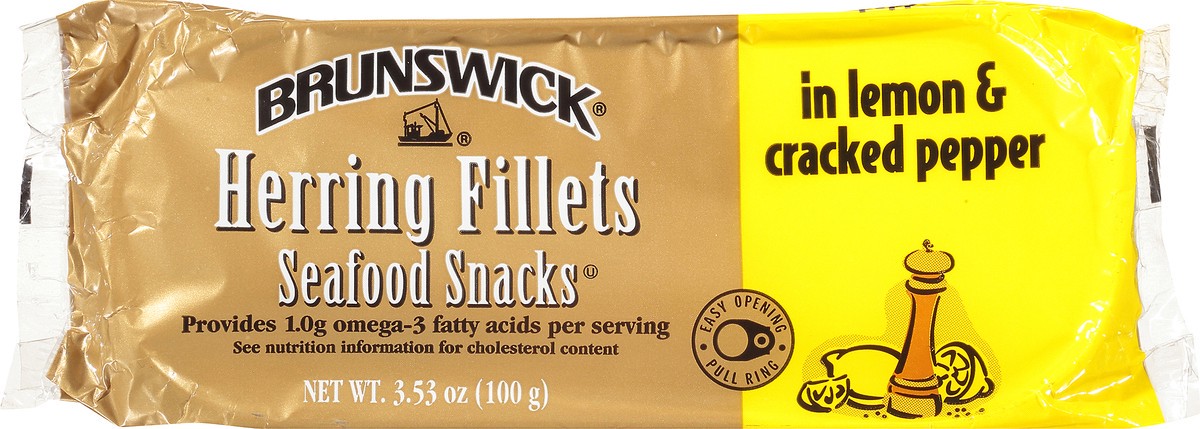 slide 9 of 11, Brunswick Lemon & Cracked Pepper Herring Fillets Seafood Snacks, 3.53 oz