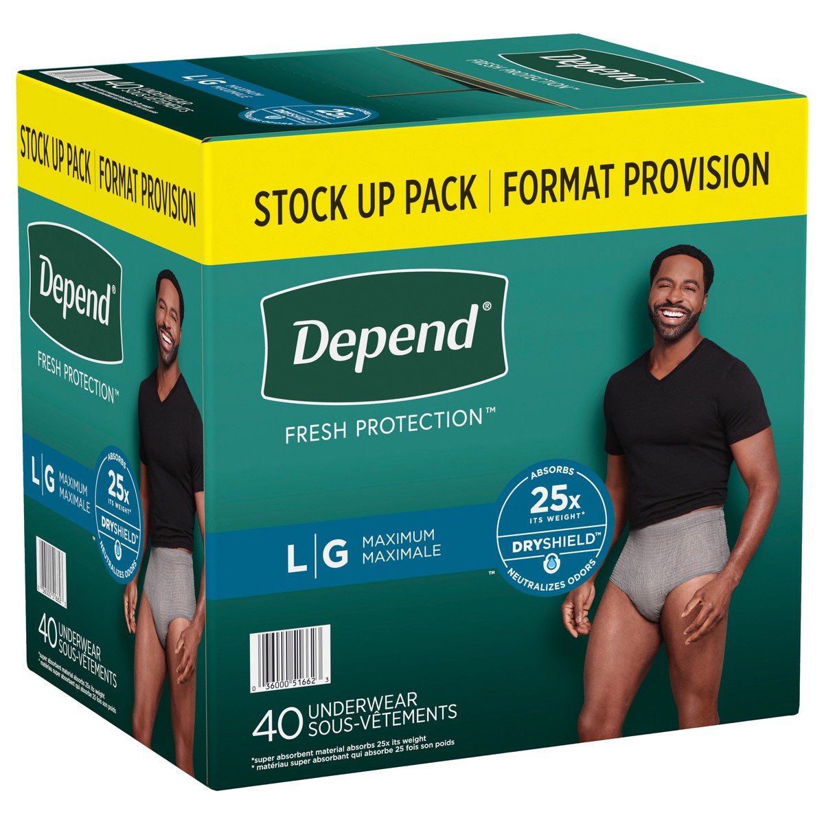 slide 3 of 9, Depend Fresh Protection Adult Incontinence Underwear for Men, Disposable, Maximum, Large, Grey, 40 Count, 40 ct