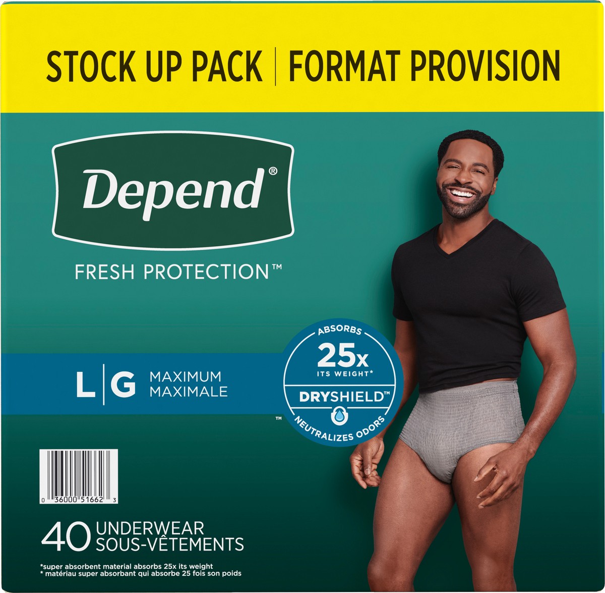 slide 6 of 9, Depend Fresh Protection Adult Incontinence Underwear for Men, Disposable, Maximum, Large, Grey, 40 Count, 40 ct