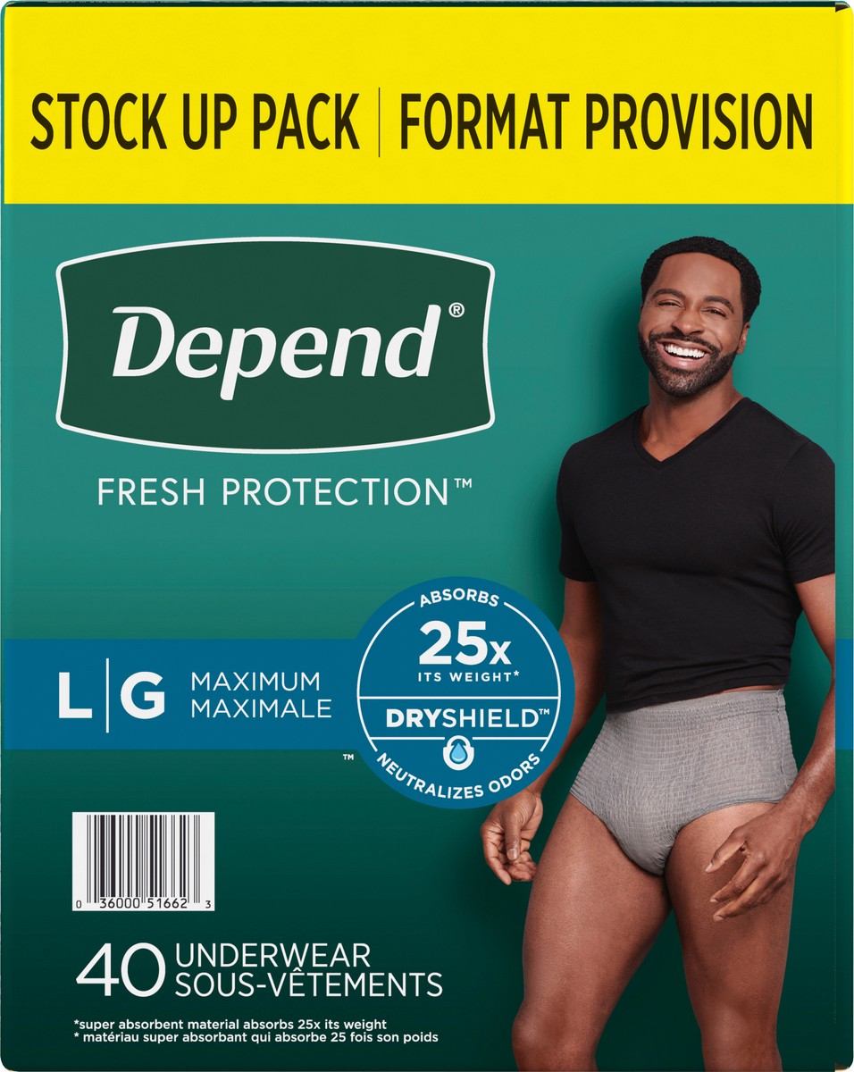 slide 2 of 9, Depend Fresh Protection Adult Incontinence Underwear for Men, Disposable, Maximum, Large, Grey, 40 Count, 40 ct