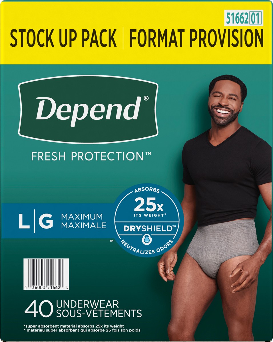 slide 9 of 9, Depend Fresh Protection Adult Incontinence Underwear for Men, Disposable, Maximum, Large, Grey, 40 Count, 40 ct
