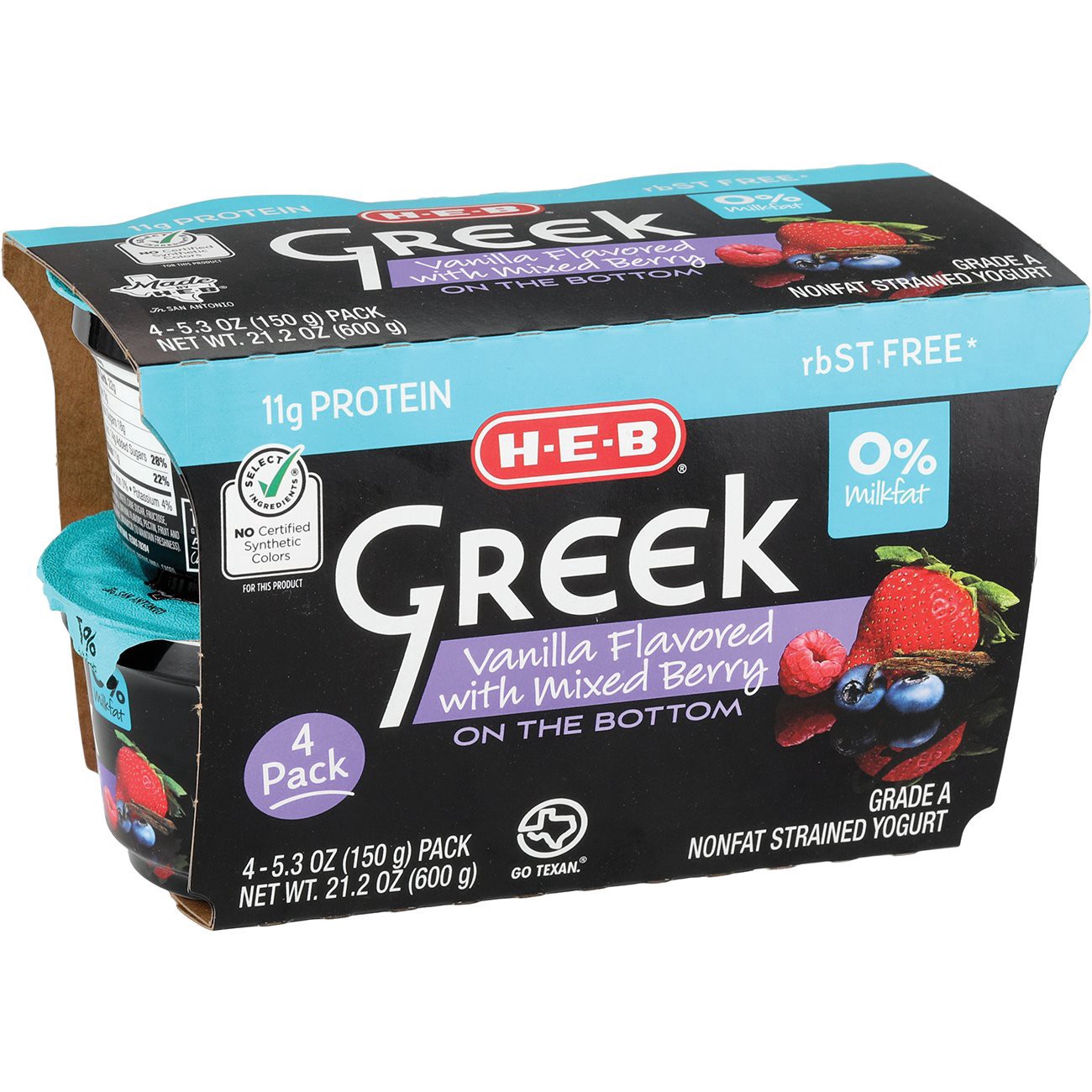 slide 1 of 1, H-E-B 11g Protein Nonfat Greek Yogurt - Vanilla with Mixed Berry on the Bottom, 4 ct