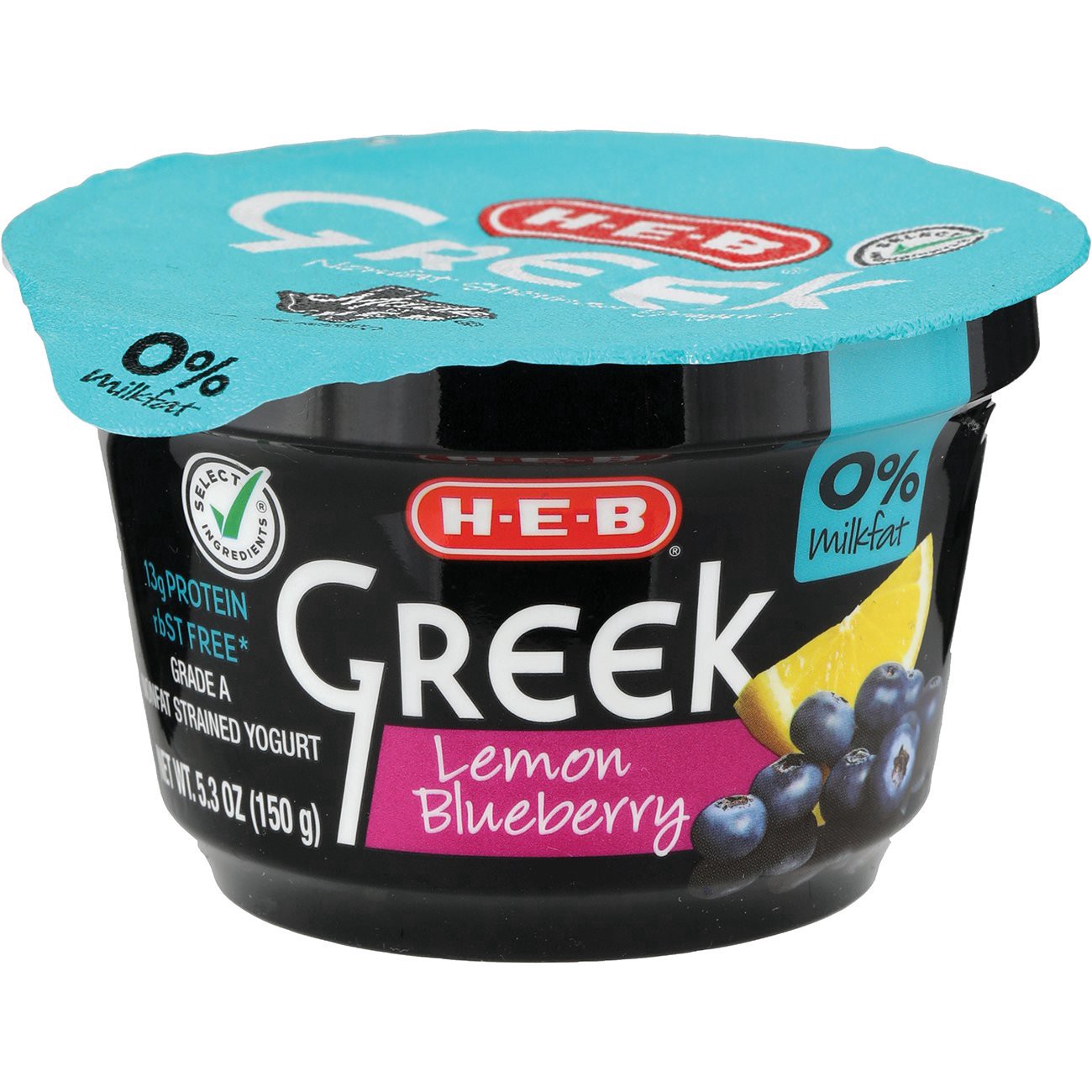 slide 1 of 1, H-E-B 13g Protein Nonfat Greek Yogurt - Lemon Blueberry, 5.3 oz