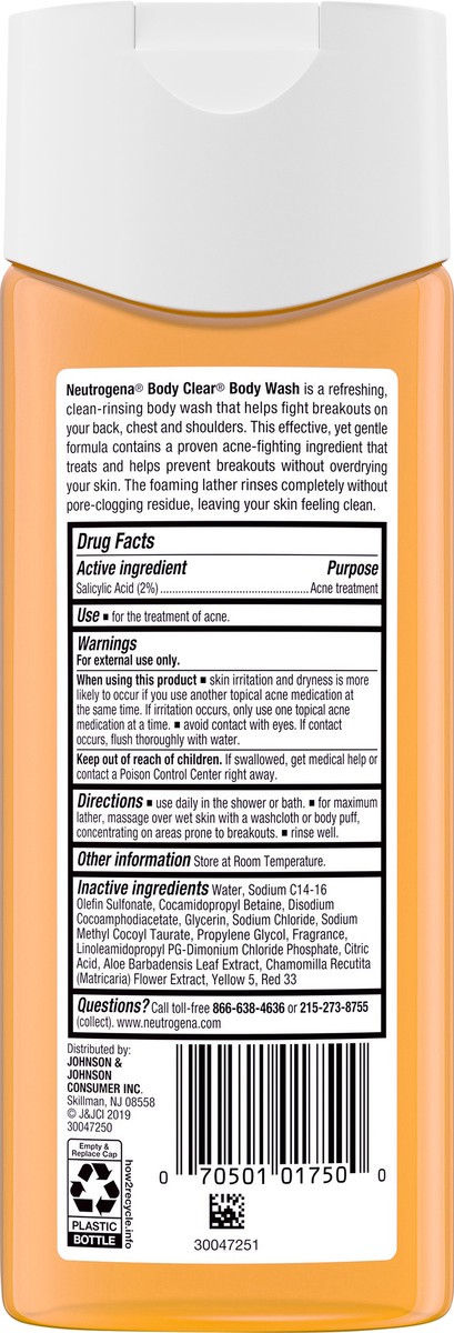 slide 3 of 7, Neutrogena Body Clear Acne Body Wash with Glycerin & 2% Salicylic Acid Acne Medication to Help Treat Breakouts on Back, Chest & Shoulders, Non-Comedogenic, 8.5 fl. Oz, 8.50 fl oz