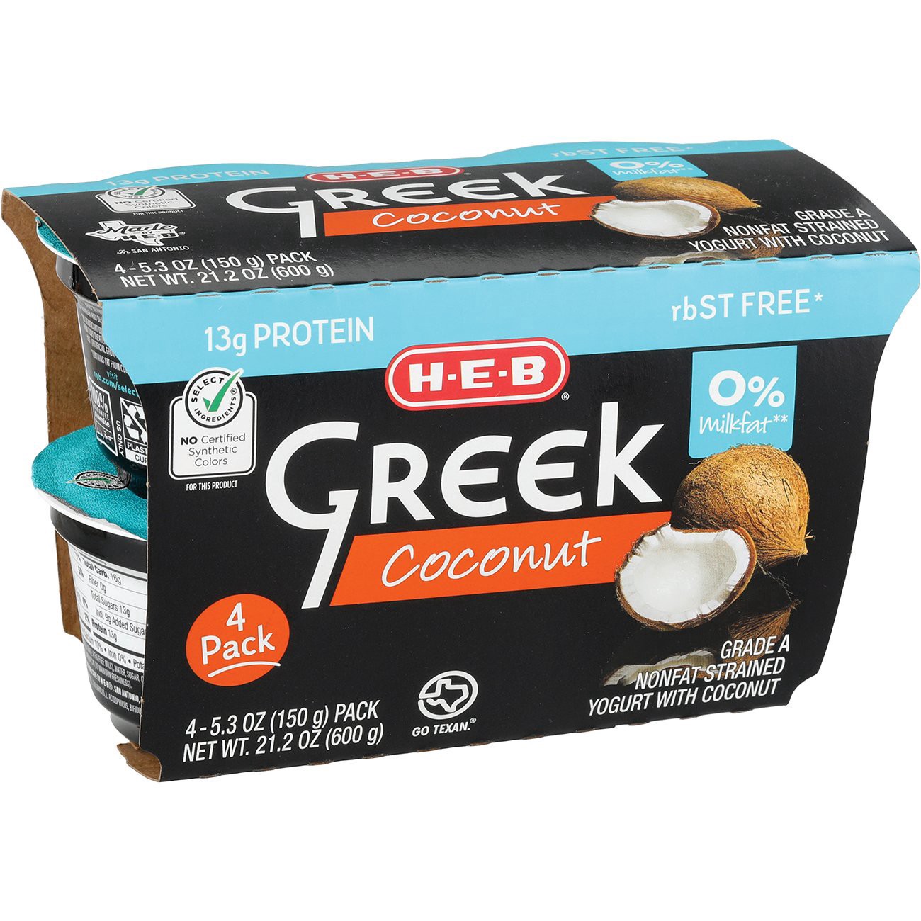 slide 1 of 1, H-E-B 13g Protein Nonfat Greek Yogurt - Coconut, 4 ct