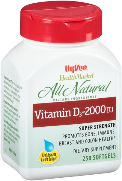 slide 1 of 1, Hy-Vee HealthMarket Vitamin D3-2000 Iu Softgels, 250 ct