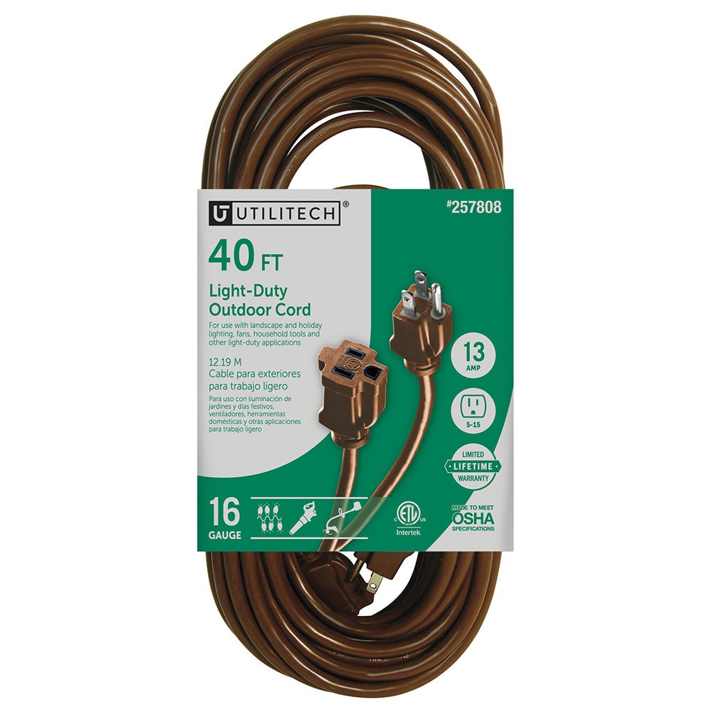 slide 1 of 6, Utilitech 40-ft 16 / 3 Light Duty 3 Prong Brown Outdoor Extension Power Cord, 1 ct