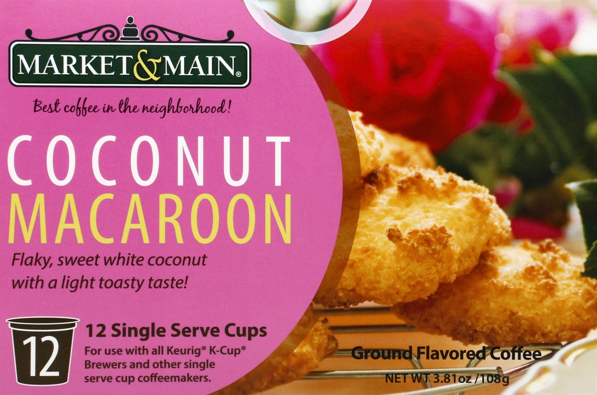 slide 2 of 4, Market and Main Coffee, Ground, Coconut Macaroon, Single Serve Cups - 12 ct, 12 ct