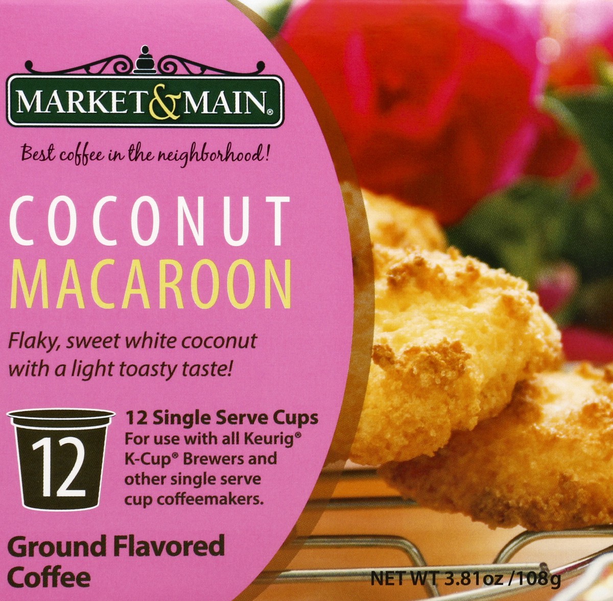 slide 4 of 4, Market and Main Coffee, Ground, Coconut Macaroon, Single Serve Cups - 12 ct, 12 ct