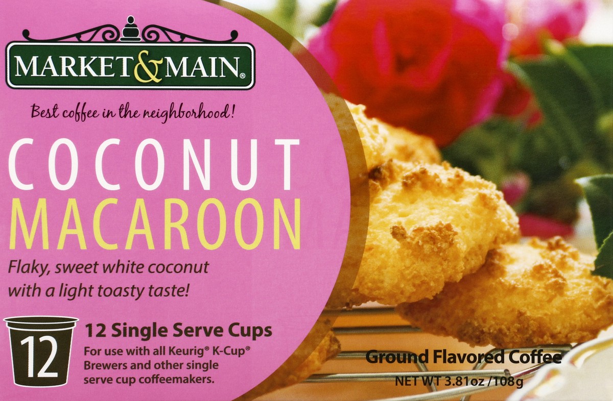 slide 3 of 4, Market and Main Coffee, Ground, Coconut Macaroon, Single Serve Cups - 12 ct, 12 ct