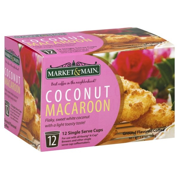 slide 1 of 4, Market and Main Coffee, Ground, Coconut Macaroon, Single Serve Cups - 12 ct, 12 ct