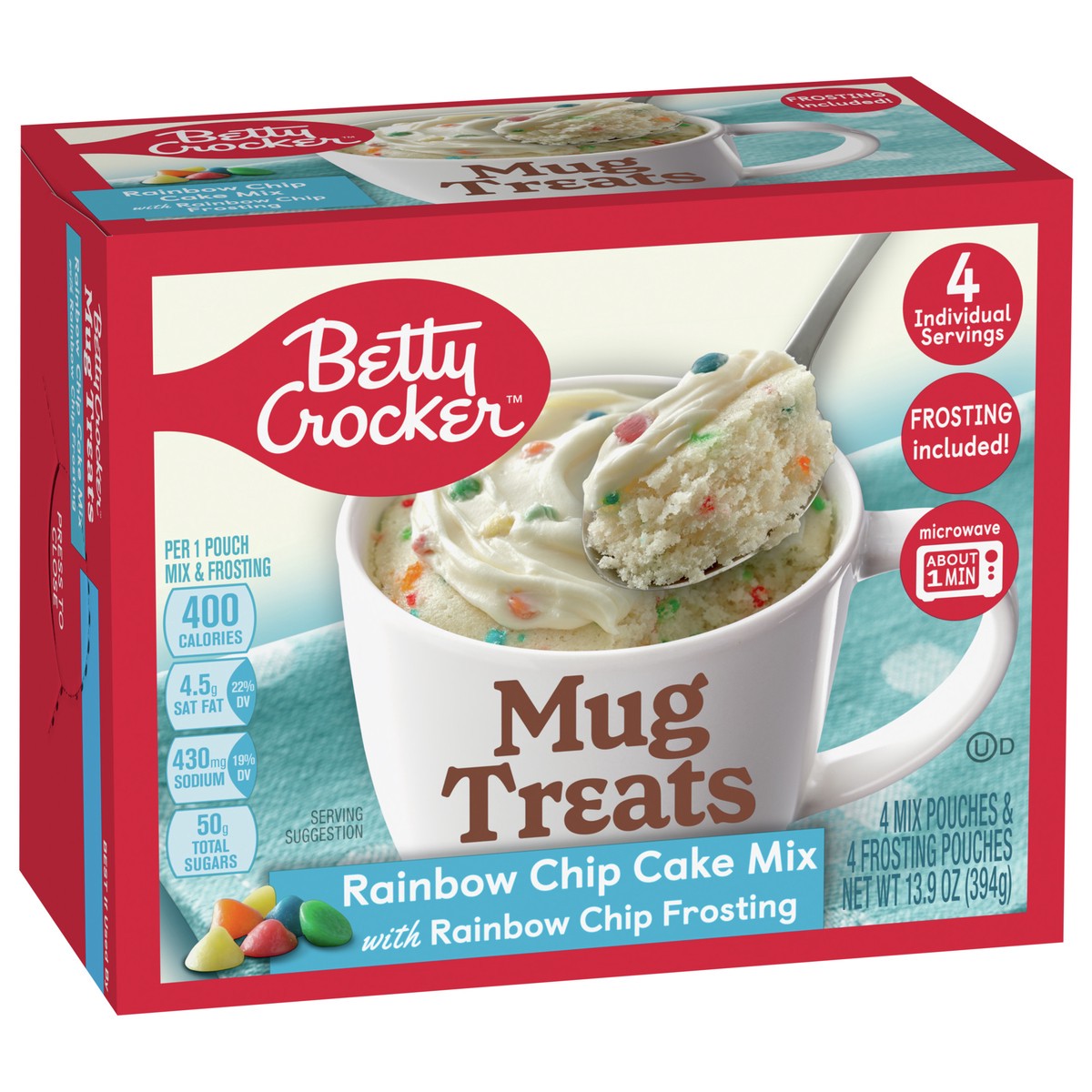 slide 2 of 9, Betty Crocker Mug Treats Rainbow Chip Cake Mix with Frosting, 4 Servings, 13.9 oz., 4 ct; 13.9 oz