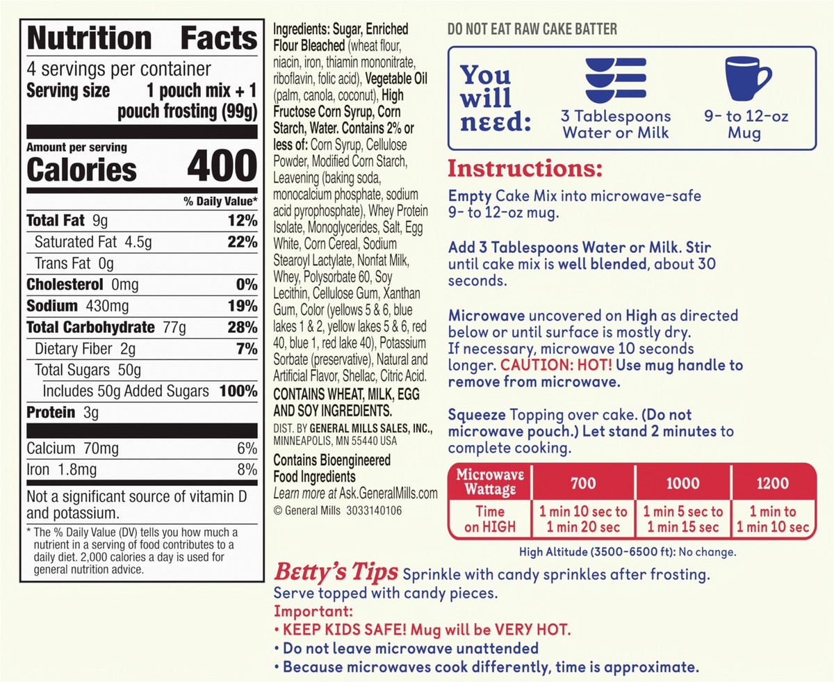 slide 5 of 9, Betty Crocker Mug Treats Rainbow Chip Cake Mix with Frosting, 4 Servings, 13.9 oz., 4 ct; 13.9 oz