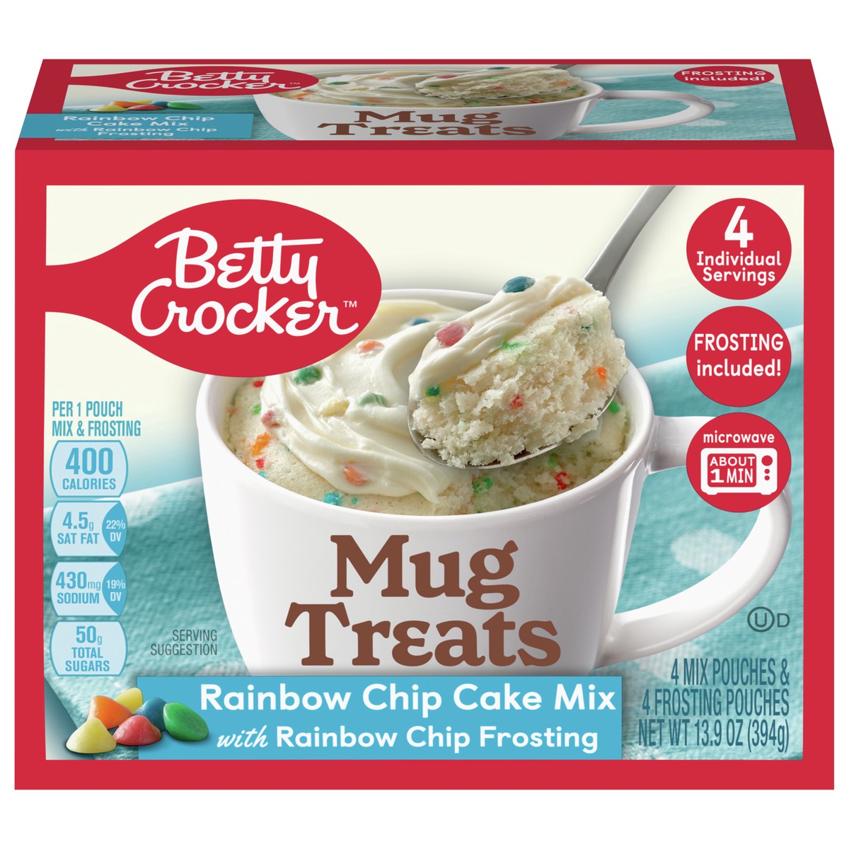 slide 1 of 9, Betty Crocker Mug Treats Rainbow Chip Cake Mix with Frosting, 4 Servings, 13.9 oz., 4 ct; 13.9 oz