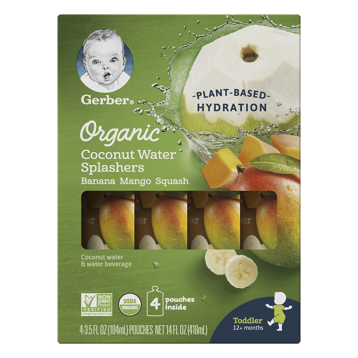 slide 2 of 11, Gerber Coconut Water Splashers Organic Plant Based Hydration Graduates, Banana Mango Squash, 3.5 fl oz Pouch, 4 count, 15.52 oz