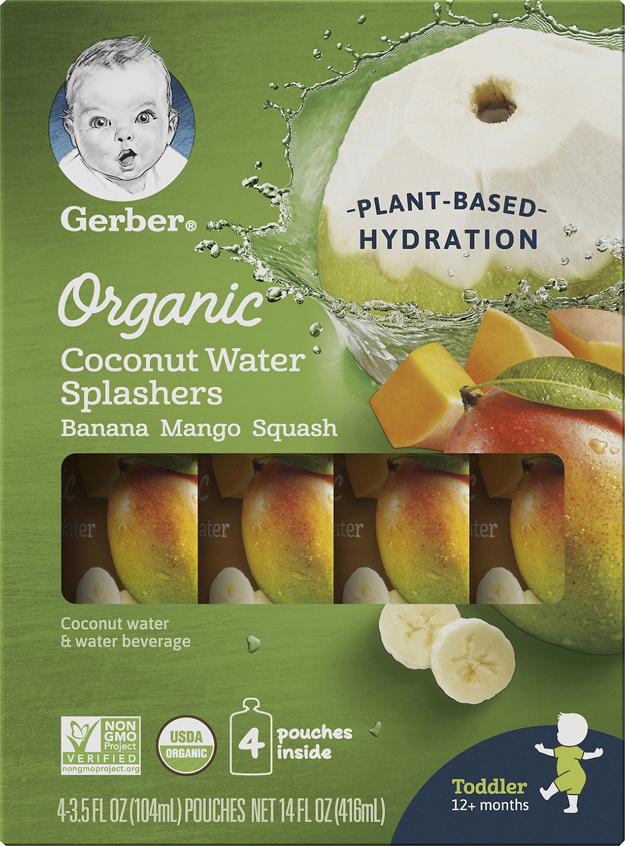 slide 1 of 11, Gerber Coconut Water Splashers Organic Plant Based Hydration Graduates, Banana Mango Squash, 3.5 fl oz Pouch, 4 count, 15.52 oz