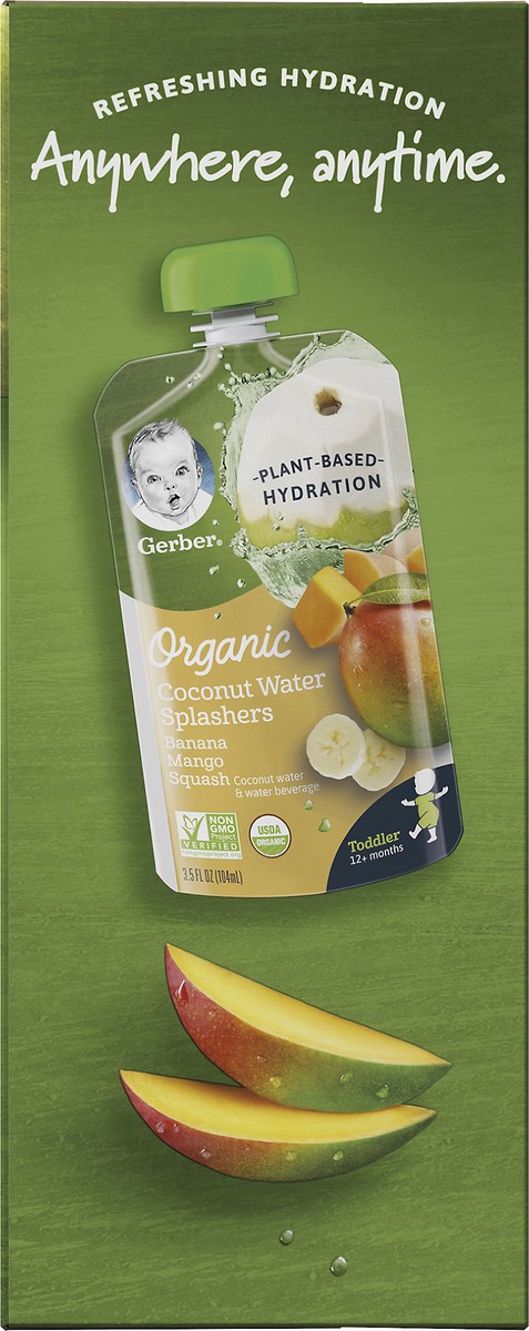 slide 10 of 11, Gerber Coconut Water Splashers Organic Plant Based Hydration Graduates, Banana Mango Squash, 3.5 fl oz Pouch, 4 count, 15.52 oz