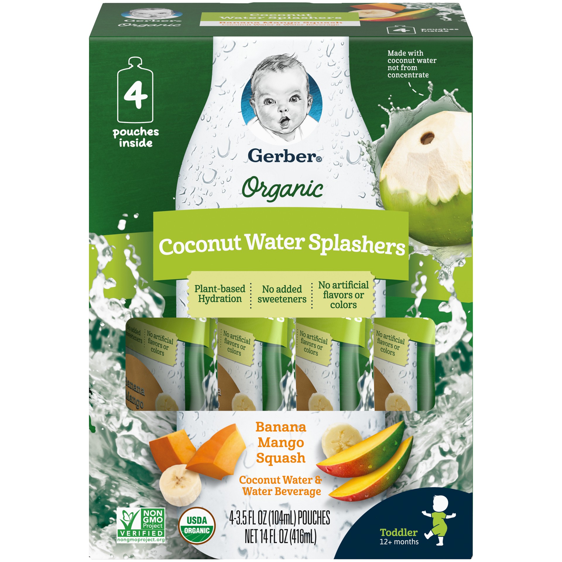 slide 1 of 11, Gerber Coconut Water Splashers Organic Plant Based Hydration Graduates, Banana Mango Squash, 3.5 fl oz Pouch, 4 count, 15.52 oz