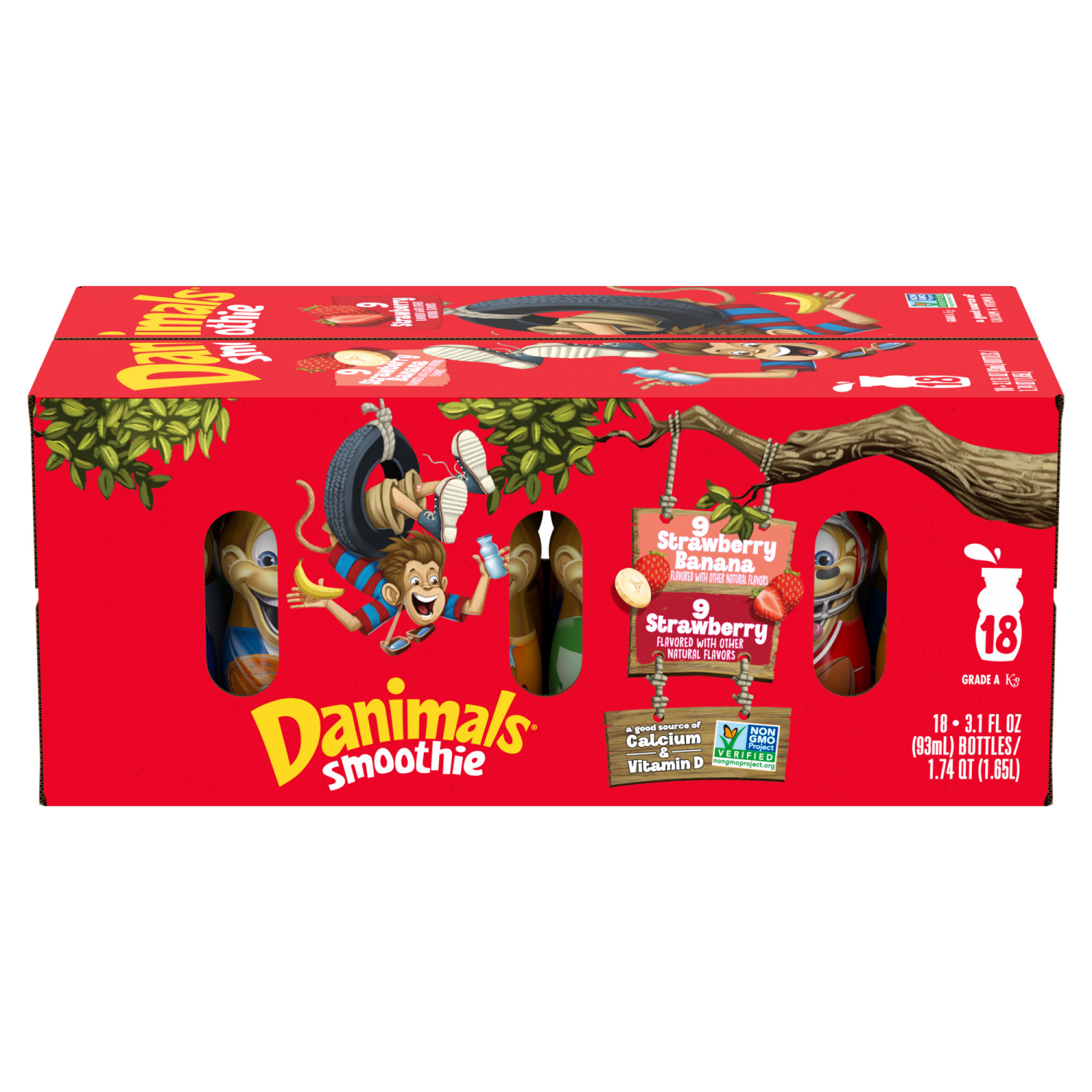 slide 2 of 8, Danimals Smoothie Strawberry Explosion and Swingin' Strawberry Banana Dairy Drink Multi-Pack, 18 Ct, 3.1 OZ Smoothie Bottles, 18 ct