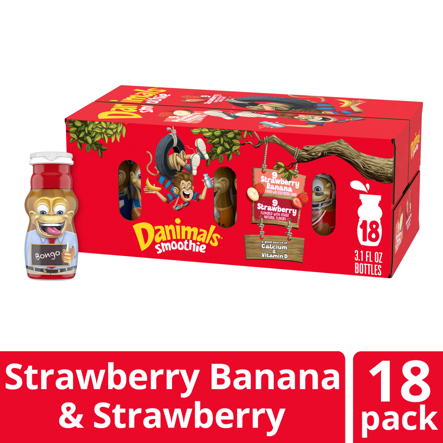 slide 4 of 8, Danimals Smoothie Strawberry Explosion and Swingin' Strawberry Banana Dairy Drink Multi-Pack, 18 Ct, 3.1 OZ Smoothie Bottles, 18 ct