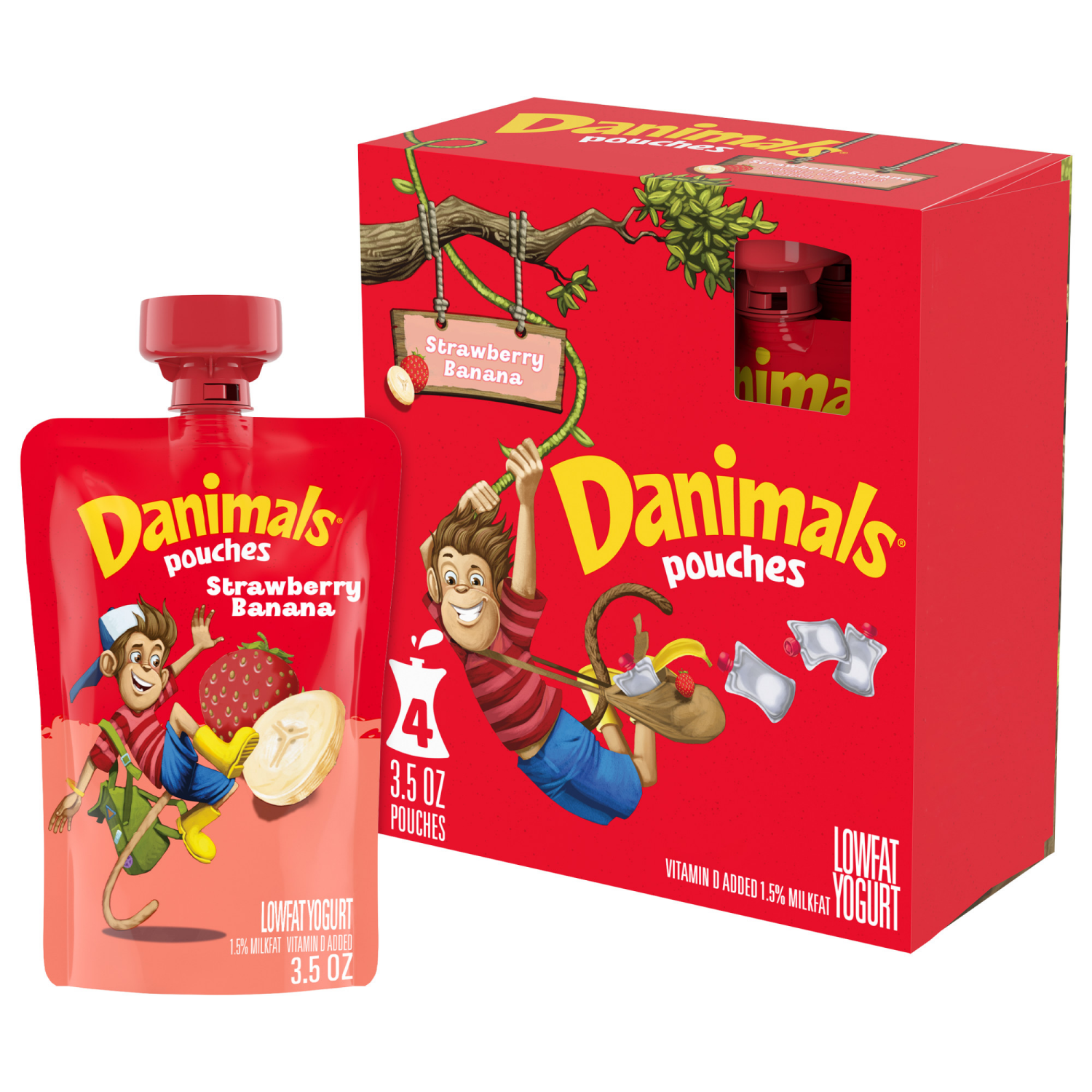 slide 1 of 8, Danimals Pouches Strawberry Banana Squeezable Low Fat Yogurt, 4 Ct, 3.5 OZ Yogurt Pouches, 4 ct
