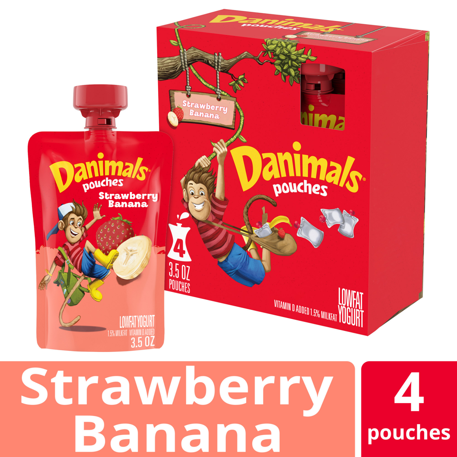 slide 5 of 8, Danimals Pouches Strawberry Banana Squeezable Low Fat Yogurt, 4 Ct, 3.5 OZ Yogurt Pouches, 4 ct