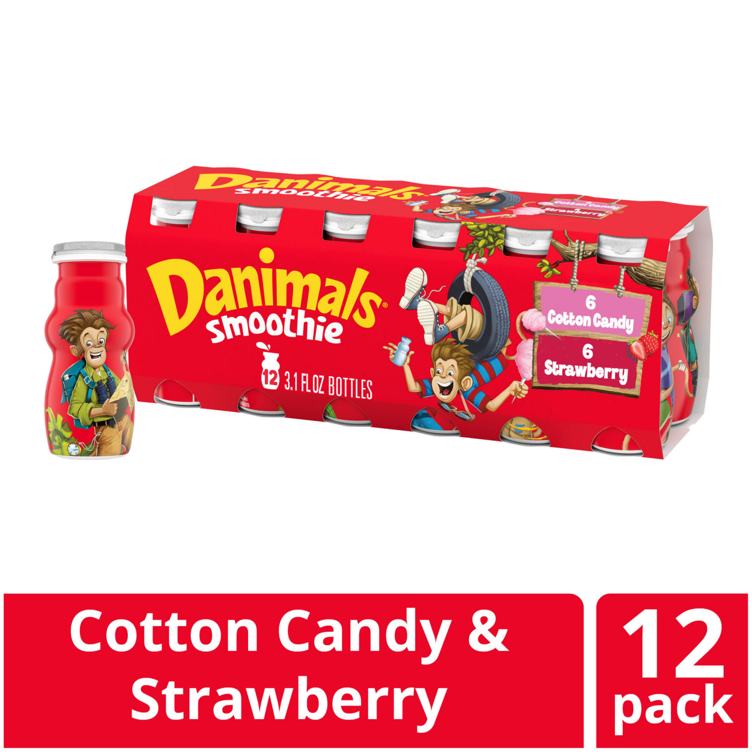 slide 4 of 5, Danimals Smoothie Strawberry Explosion and Cotton Candy Dairy Drink Multi-Pack, 12 Ct, 3.1 OZ Smoothie Bottles, 12 ct
