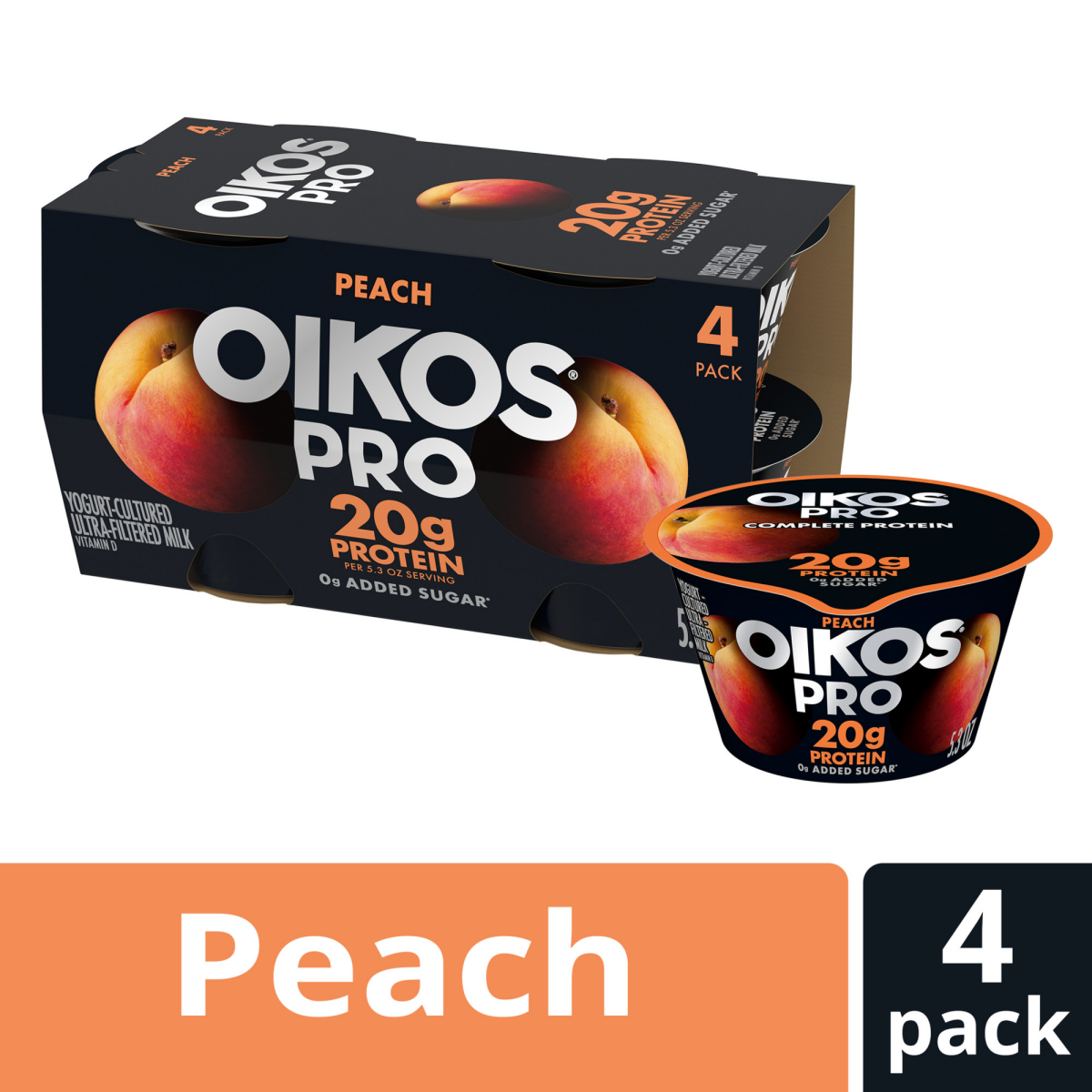 slide 2 of 8, Oikos Pro Peach Yogurt-Cultured Ultra-Filtered Milk Product, Creamy and Delicious Dairy Snack with 20g of Protein per Serving, 4 Ct, 5.3 OZ Cups, 5.3 oz