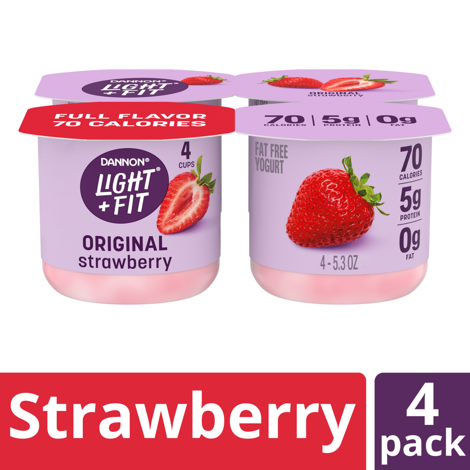 slide 4 of 8, Dannon Light + Fit Strawberry Original Nonfat Yogurt Pack, 4 Ct, 5.3 OZ Cups, 4 ct