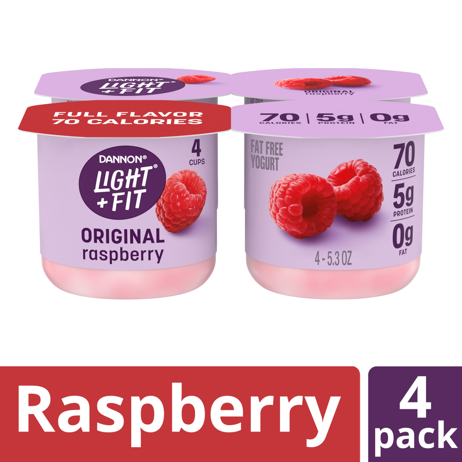 slide 4 of 8, Dannon Light + Fit Raspberry Original Nonfat Yogurt Pack, 4 Ct, 5.3 OZ Cups, 4 ct