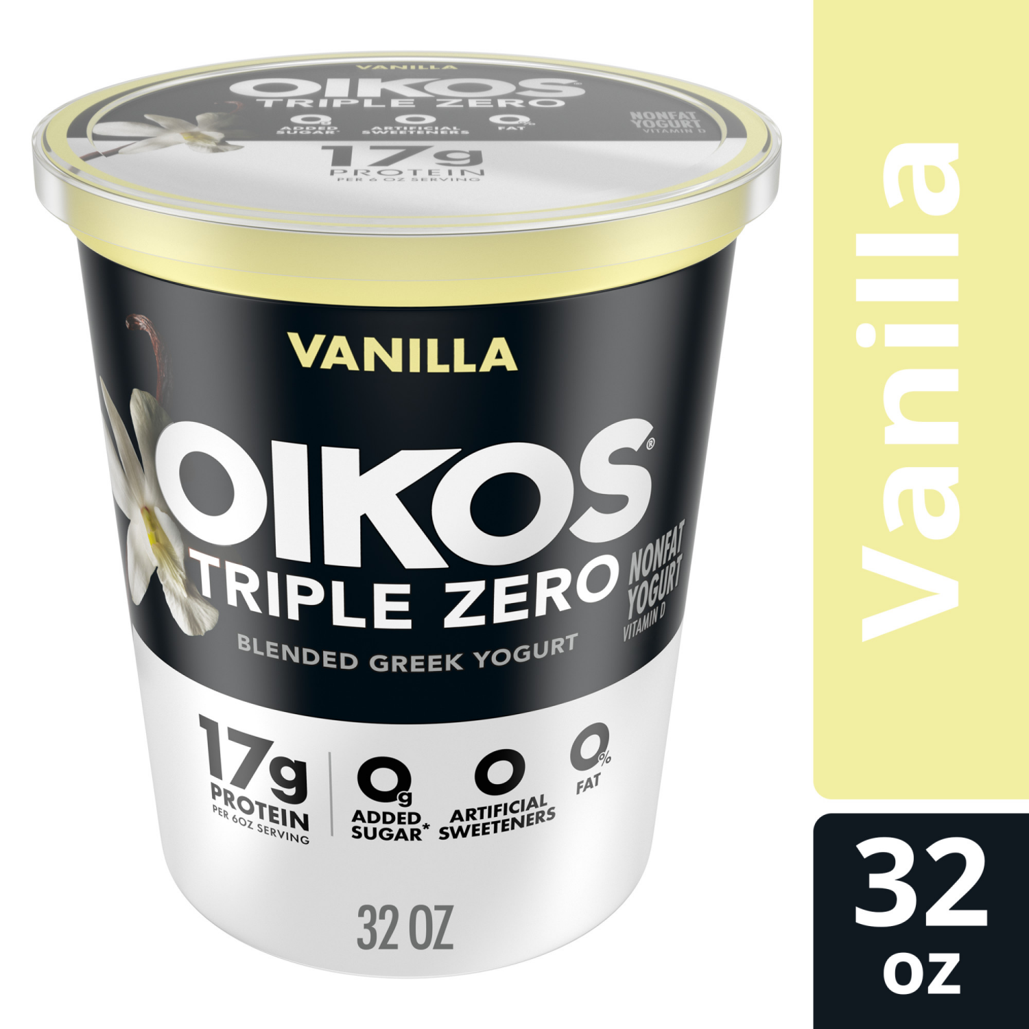 slide 4 of 8, Oikos Vanilla 17g Protein, 0g Added Sugar, Nonfat Greek Yogurt Tub, 32 OZ, 32 oz
