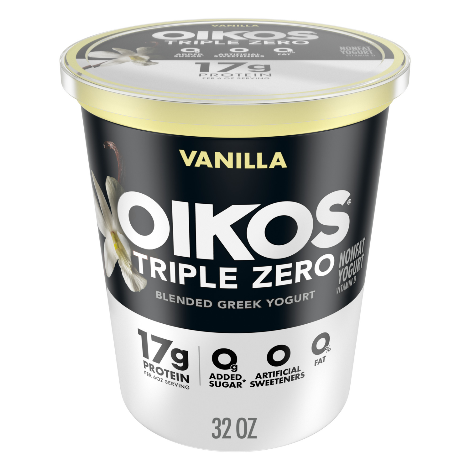 slide 1 of 8, Oikos Vanilla 17g Protein, 0g Added Sugar, Nonfat Greek Yogurt Tub, 32 OZ, 32 oz